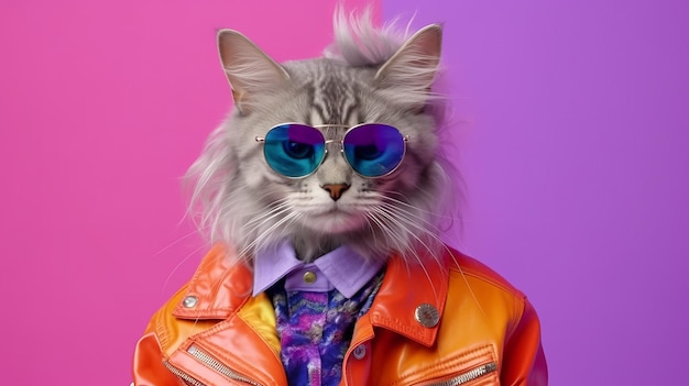 Neonpunk Celebrity Cat Stilvolle graue Katze in bunter Jacke