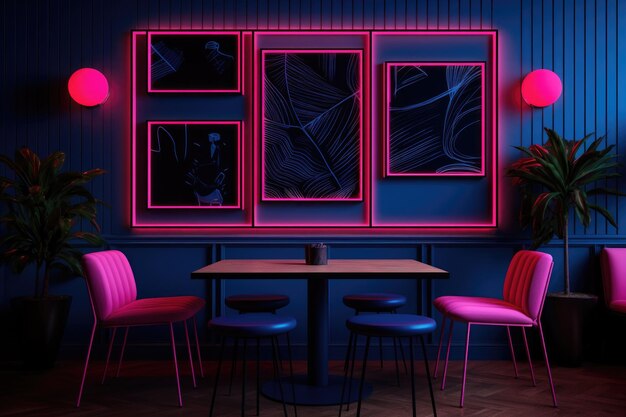 Neonrahmen in einem modischen Café mit minimalistischem Dekor