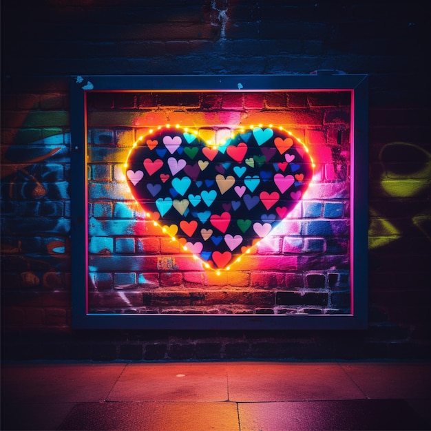 Neonrahmen mit Herzen auf einer Ziegelsteinmauer Graffiti Neonlichter im Hintergrund Hintergrund mit Neo