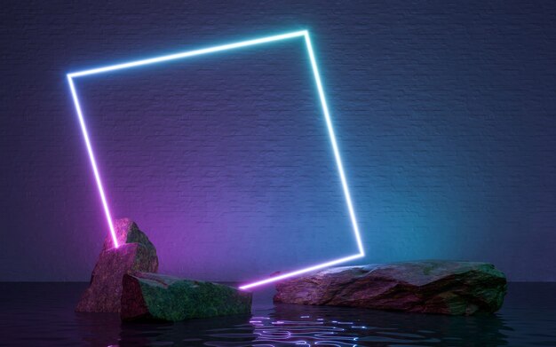 Neonrahmenschild in Form mit Felsen und Spiegelung im Wasser. 3D-Rendering