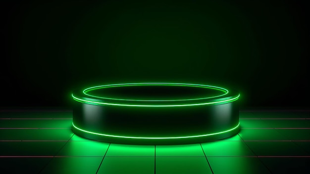Neonrundes Podium mit kräftiger grüner KI-Beleuchtung