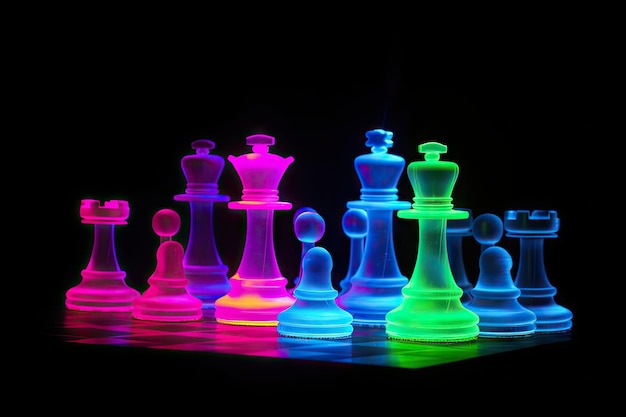 Neonschachspiel vor schwarzem Hintergrund für dramatische Effekte, erstellt mit generativer KI