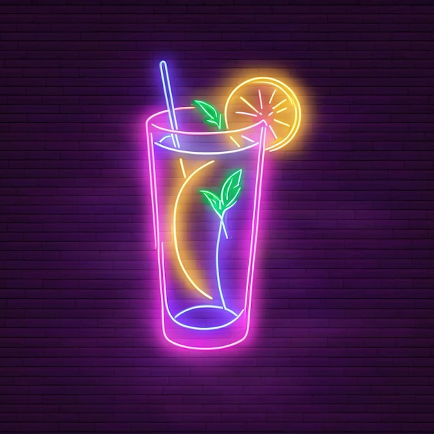 Foto neonschild für mojito-cocktailgetränke, leuchtend elektrisches licht