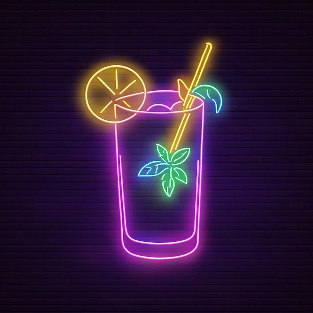 Foto neonschild für mojito-cocktailgetränke, leuchtend elektrisches licht