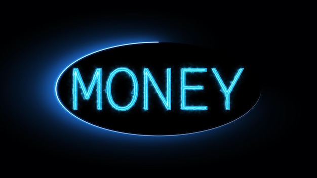 Neonschild mit dem blau leuchtenden Wort MONEY auf dunklem Hintergrund