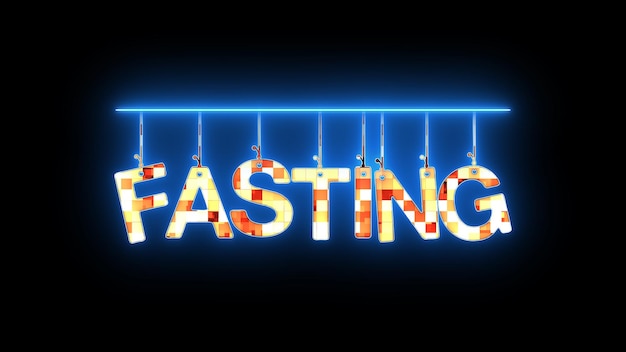 Neonschild mit dem Wort FASTING in leuchtenden Farben auf dunklem Hintergrund beleuchtet