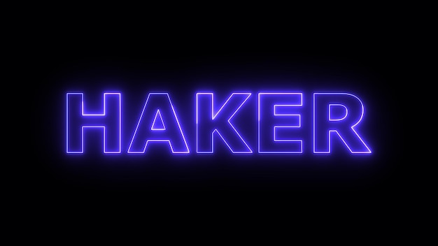 Neonschild mit dem Wort HAKER in Blau auf schwarzem Hintergrund