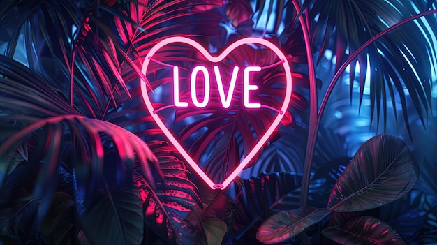 Neonschild mit dem Wort LEBEN und Herz in einem dunkelgrünen tropischen Blatt Leuchtend rosa und blau Neonschein