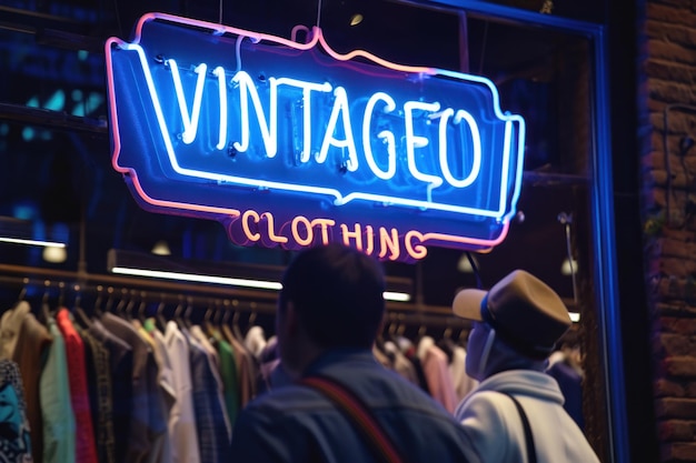 Neonschild VINTAGE CLOTHING mit einigen Kunden, die auf dem Markt im Hintergrund durchsuchen