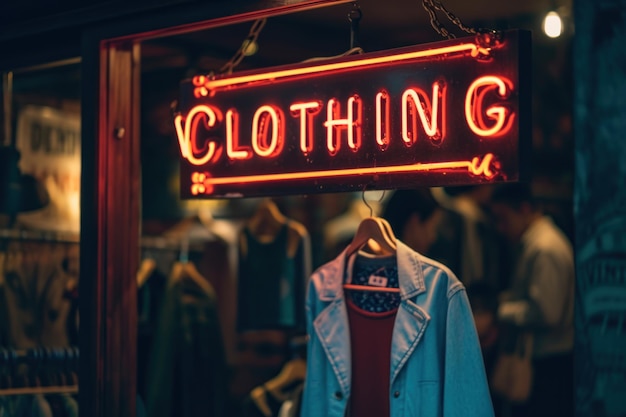 Neonschild VINTAGE CLOTHING mit einigen Kunden, die auf dem Markt im Hintergrund durchsuchen