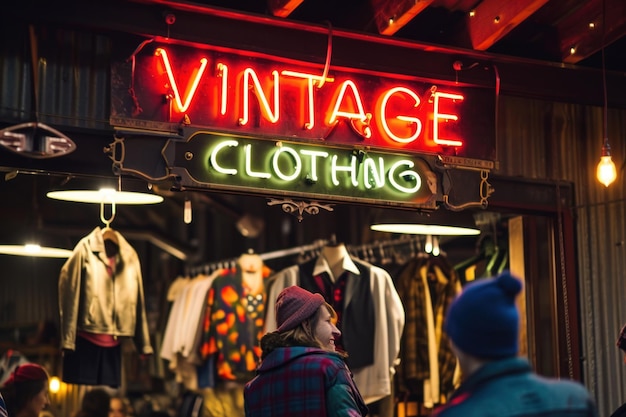 Foto neonschild vintage clothing mit einigen kunden, die auf dem markt im hintergrund durchsuchen