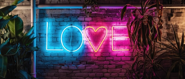 Foto neonschilder, die die liebe vor einer backsteinmauer ausdrücken