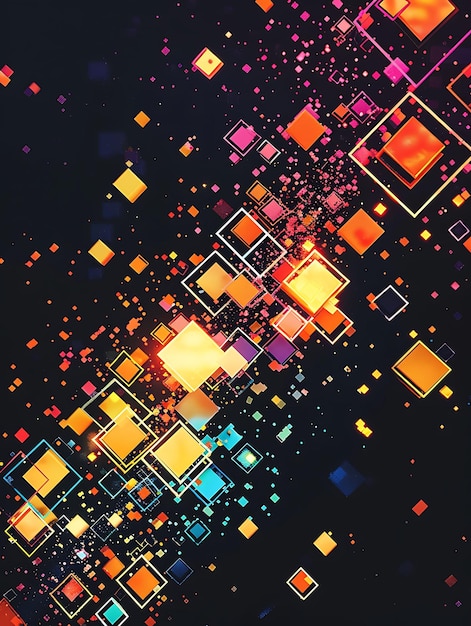 Neonstrahlende pixelierte Quadrate bilden und verändern sich mit einem Pixel Y2K Collage Glow Outline Design