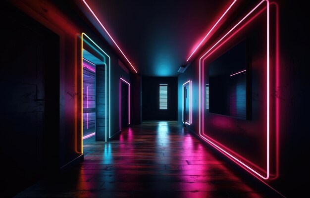 Neonstraße mit Lichtstrahlen in dunklem Azurblau und Rosa, perfekt für Poster mit generativer KI