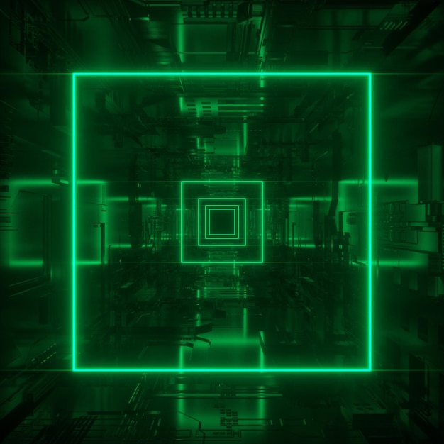 Neontunnel in grüner Beleuchtung abstrakter technologischer Korridor 3D