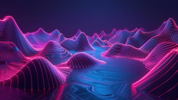 Neonwellen bewegen sich durch eine digitale Landschaft 3D-Stil isolierte fliegende Objekte Memphis-Stil 3D-Rendering KI-generierte Illustration