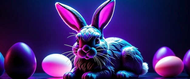 Neopunk Osterhase Glückliches Osterkonzept Stilvolles lila Neon KI generiert