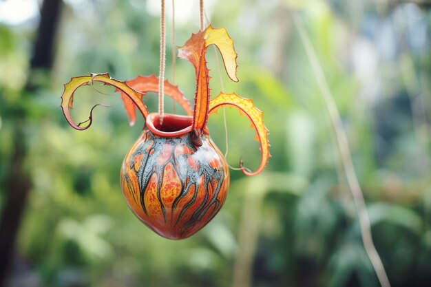 Foto nepenthes coloridos ou copos de macaco pendurados na panela com fundo desfocado da natureza