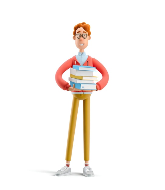 Nerd Larry con libro ilustración 3d estudio y concepto de educación