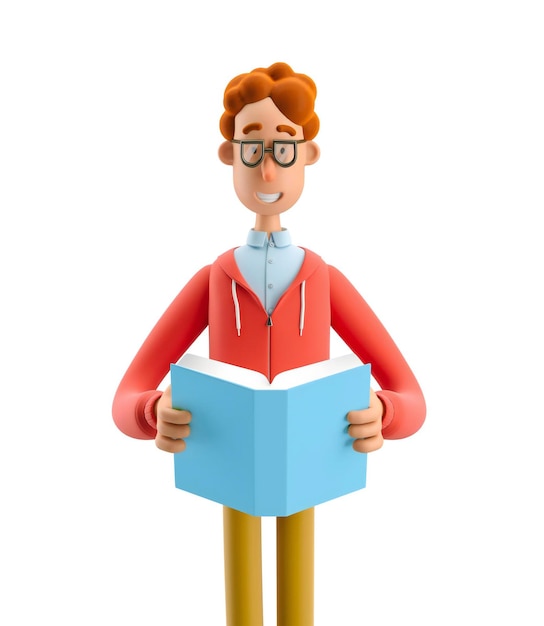 Nerd Larry mit 3D-Buchillustration Studien- und Bildungskonzept