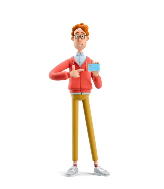 Nerd Larry mit Kredit- oder Debitkarte 3D-Illustration