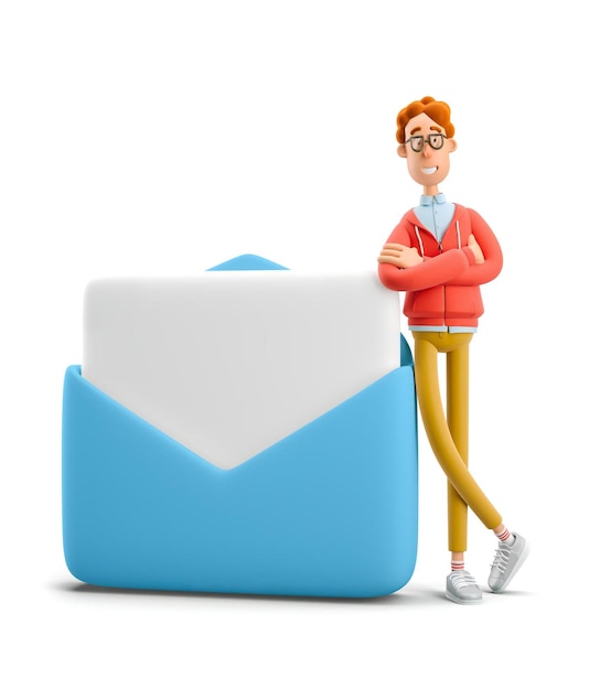 El nerd Larry de pie junto a una gran ilustración 3D de correo