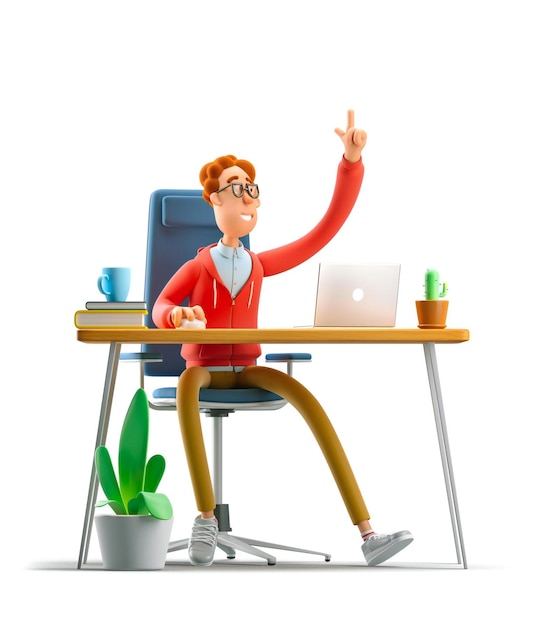 El nerd Larry se sienta en la mesa con una ilustración 3D por computadora