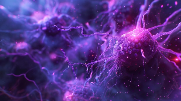 Nervio activo que brilla en púrpura y azul en 3D Células cerebrales humanas
