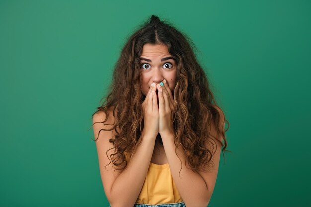Nervios adolescente en el estudio con oops reacción en fondo verde error disculpa drama o secreto con arrepentimiento vergüenza o incómodo