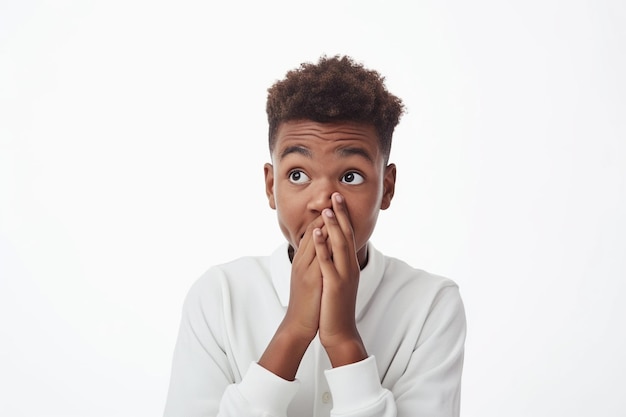 Nervios afroamericano adolescente y morderse las uñas en el estudio con oops reacción a los chismes en fondo blanco error disculpa drama o secreto con arrepentimiento vergüenza o incómodo