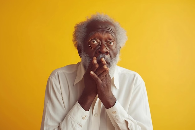 Foto nervios senior afroamericano hombre en el estudio con oops reacción en fondo amarillo error disculpa drama o secreto con arrepentimiento vergüenza o incómodo