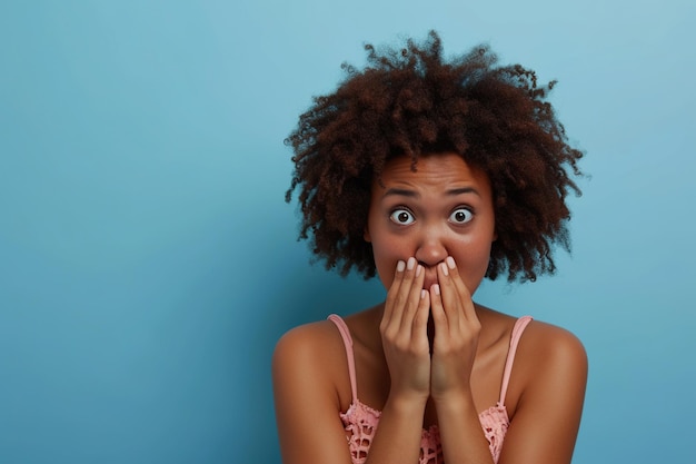 Nerviosista mujer afroamericana y morderse las uñas en el estudio con oops reacción a los chismes en azul