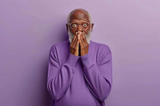 Nervöser älterer afroamerikanischer Mann im Studio mit oops Reaktion auf lila Hintergrund Fehler sorry Drama oder Geheimnis mit Bedauern Schande oder unangenehm