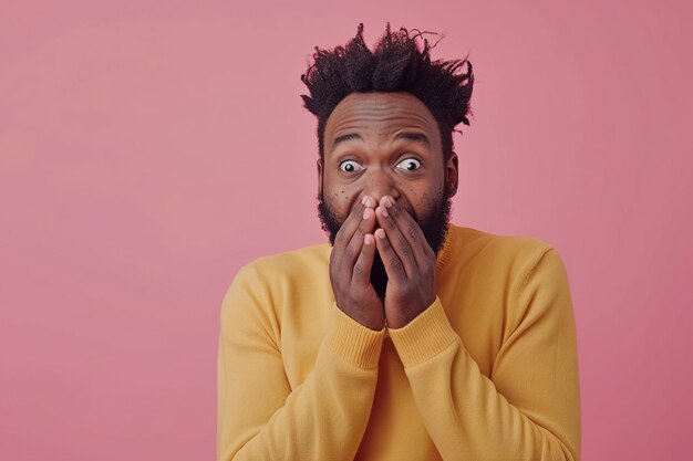 Foto nervöser afroamerikanischer mann und nagelbissen im studio mit oops reaktion auf tratsche auf rosa hintergrund fehler sorry fake news drama oder geheimnis mit bedauern schande oder unangenehm