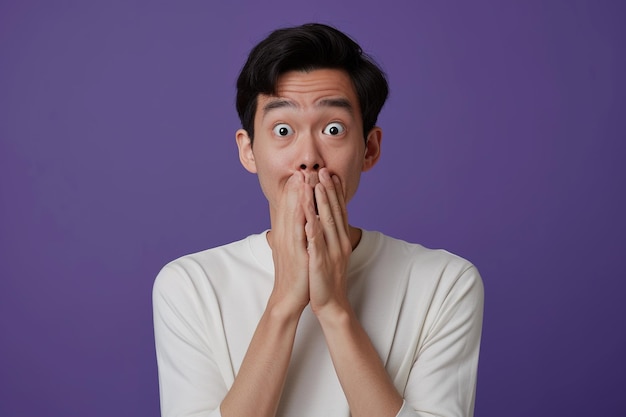 Nervöser asiatischer Mann und Nagelbissen im Studio mit oops Reaktion auf Tratsche auf lila Hintergrund Fehler sorry und männlich überwältigt von Fake News Drama oder Geheimnis mit Bedauern Schande oder unangenehm