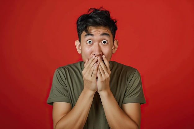 Nervöser asiatischer Mann und Nagelbissen im Studio mit Oops-Reaktion auf Tratsche auf lila Hintergrund