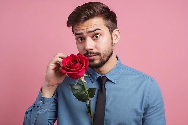 Nervöser Mann wartet auf sein Date am Valentinstag mit einer roten Rose und sieht verwirrt seitwärts aus