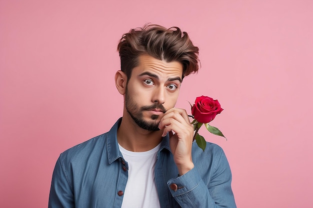 Nervöser Mann wartet auf sein Date am Valentinstag mit einer roten Rose und sieht verwirrt seitwärts aus