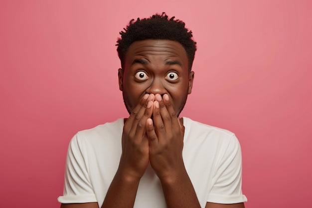 Foto nervous african american man and biting nails in studio with oops reaction to gossip on pink background mistake sorry fake news drama or secret with regret shame or awkward
