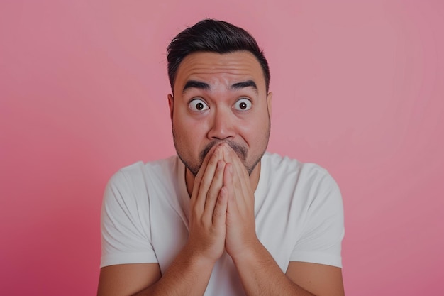 Foto nervous latin man and biting nails in studio with oops reaction on pink background mistake sorry drama or secret with regret shame or awkward