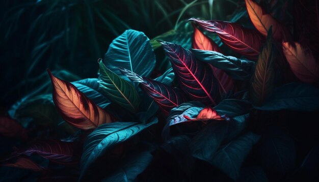 Nervura foliar roxa vibrante em floresta úmida gerada por IA