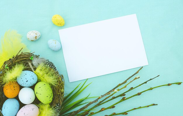 Foto nest mit bunten eiern auf sanftem hintergrund. osterkomposition. postkarte.