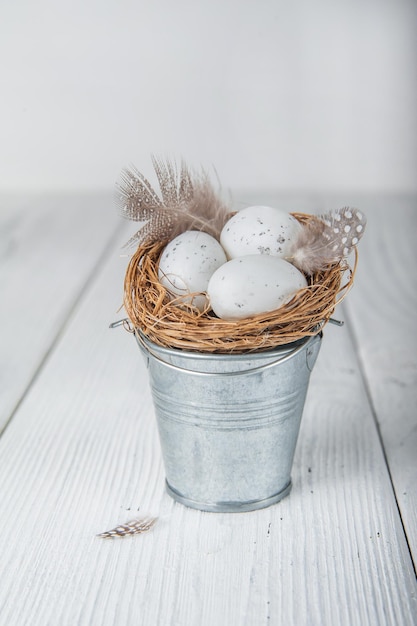 Nest mit Osterquallen-Eiern und Federn als Konzept für eine festliche Frühlingskarte