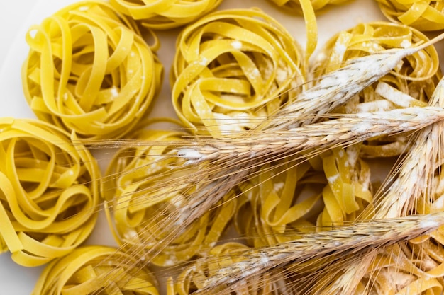 Nest-Nudeln aus Hartweizen, bestreut mit Mehl auf weißem Hintergrund Closeup Weizenährchen Hausmannskost Pasta Hintergrund