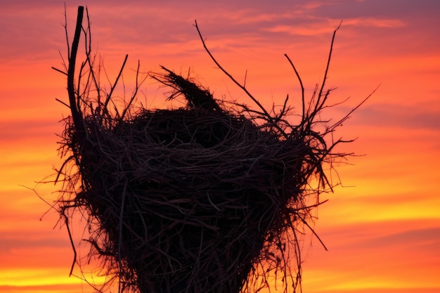 Nest silhouettiert gegen den Sonnenuntergangs- oder Sonnenaufgangshimmel