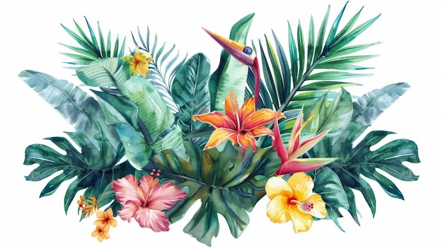 Nesta composição há aquarelas modernas hibiscus palmeiras da selva flores e stralitzia