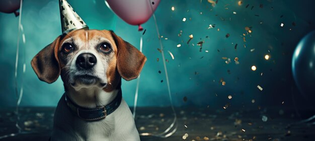 Foto nesta deliciosa imagem, um cão veste um chapéu de festa, criando uma atmosfera brincalhona, enquanto estende uma calorosa saudação de aniversário, exalando charme e celebração em cada barulho e latido.