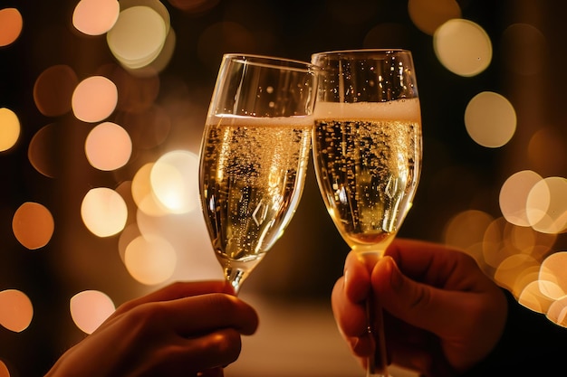 Nesta foto, duas mãos seguram graciosamente dois copos de champanhe, criando uma atmosfera de celebração. Um brinde de Champagne à meia-noite da véspera de Ano Novo gerado pela IA.
