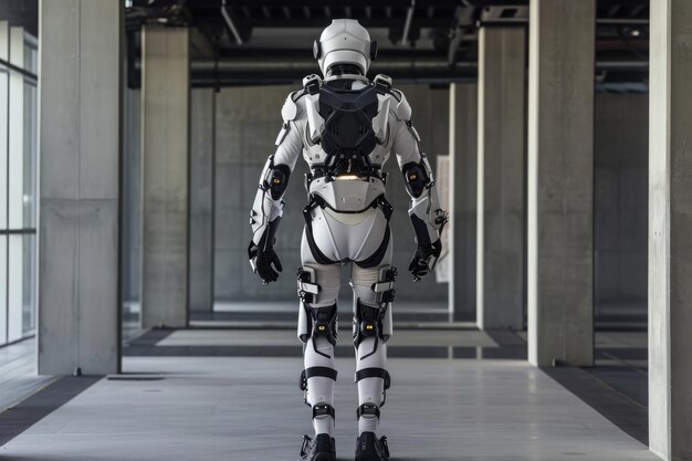 Nesta foto, um homem vestindo um terno branco e capacete pode ser visto caminhando com confiança por um corredor Hitech exosuit para melhor desempenho humano AI Gerado