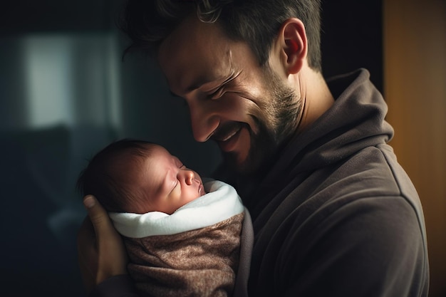 Nesta fotografia brilhante e realista, um jovem pai acona seu bebê recém-nascido em seus braços